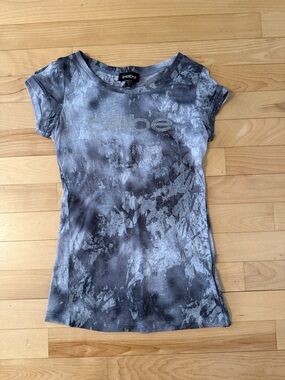 bebe Gray Tie-Dye Rhinestone Logo Short Sleeve Tee